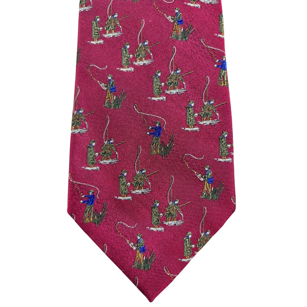 VTG Polo Ralph Lauren Silk Tie Burgundy Fly Fishing Novelty Print Made in Italy